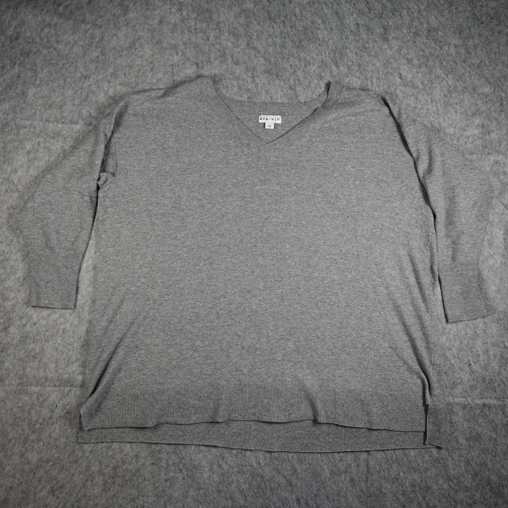 Ava Viv Sweater Womens 3X Gray VNeck 3/4 Sleeve Pullover Knit Ribbed Hem Casual